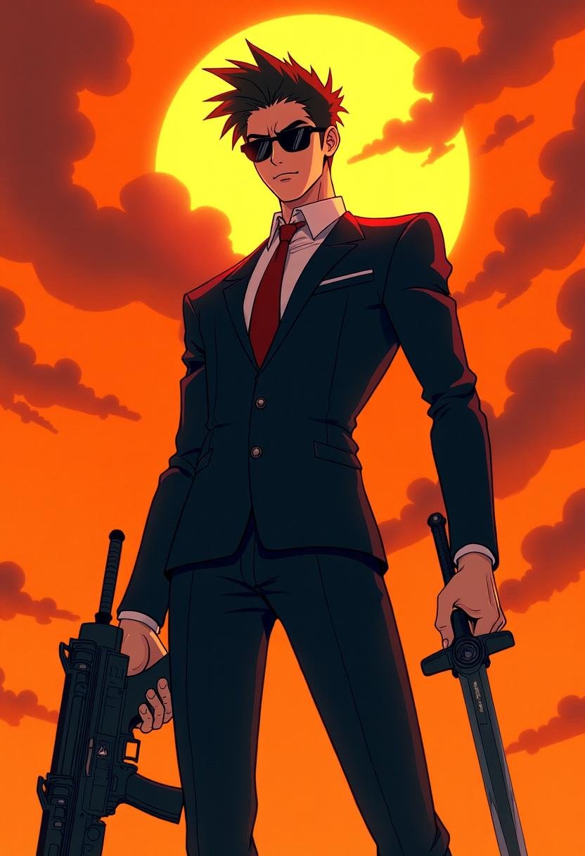 This image is a digital anime illustration featuring a tall,  slender man with a confident and somewhat menacing demeanor....