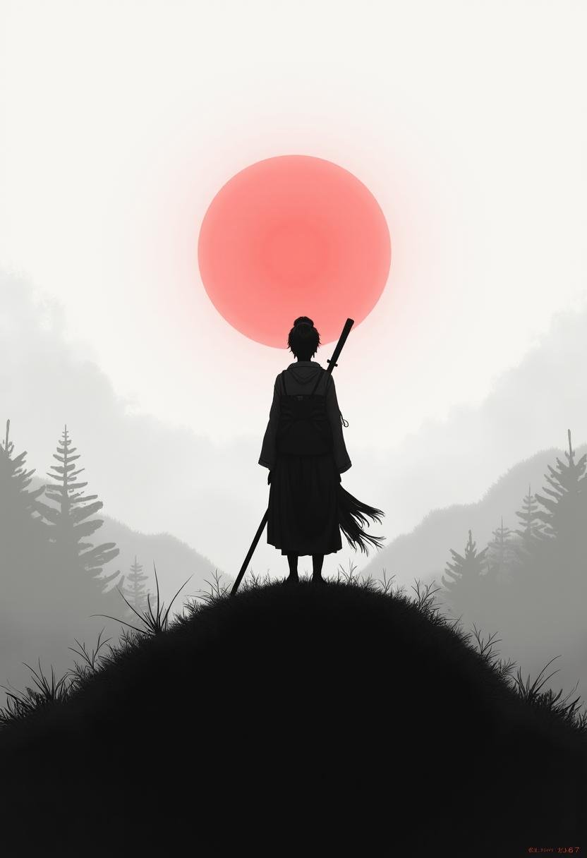 A lone figure stands atop a hill,  their back view framed against a foggy background. Gripping a stave,  their shadow stre...