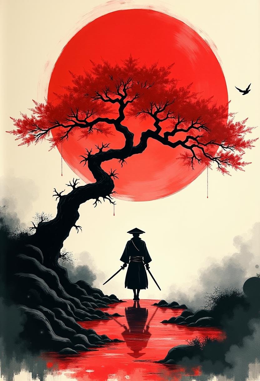 A lone samurai strides forward,  his silhouette calm yet unwavering against a vivid,  stylized backdrop. A massive crimson...
