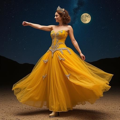 Milena,  26,  brinca com a gravidade no palco do universo. Veste um vestido amarelo de bailarina romântica (1830) by Empyr...