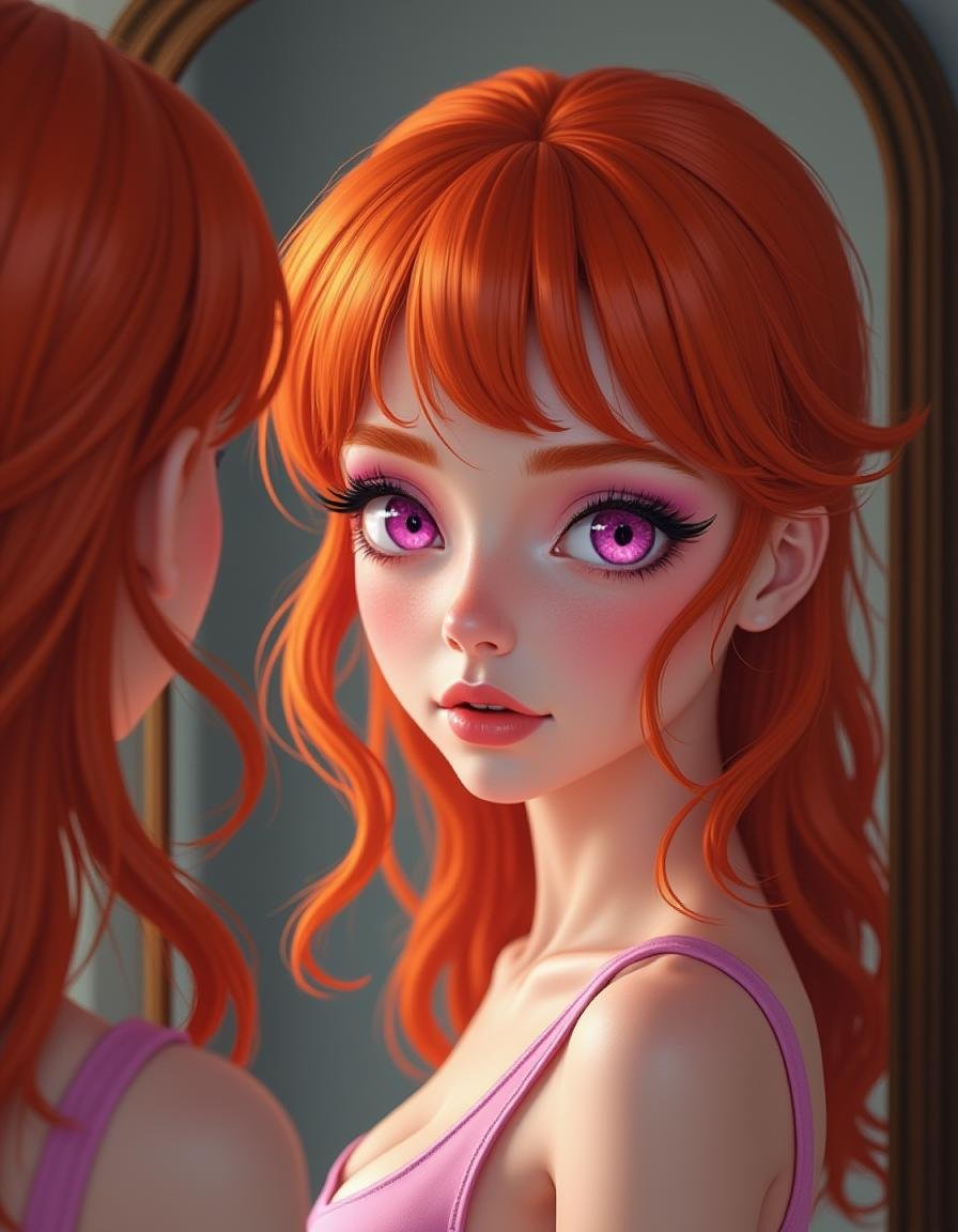 realistic photo of redheaded Blossom looking at herself in the mirror,  pink eyes by TensorCreditUnion on Tensor.Art