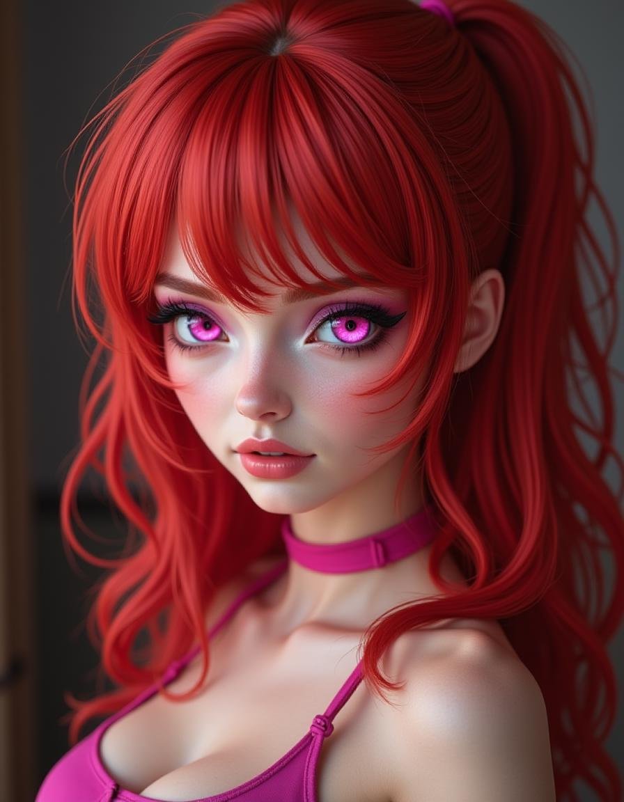 realistic photo of redheaded Blossom at a BSDM club,  pink eyes by TensorCreditUnion on Tensor.Art
