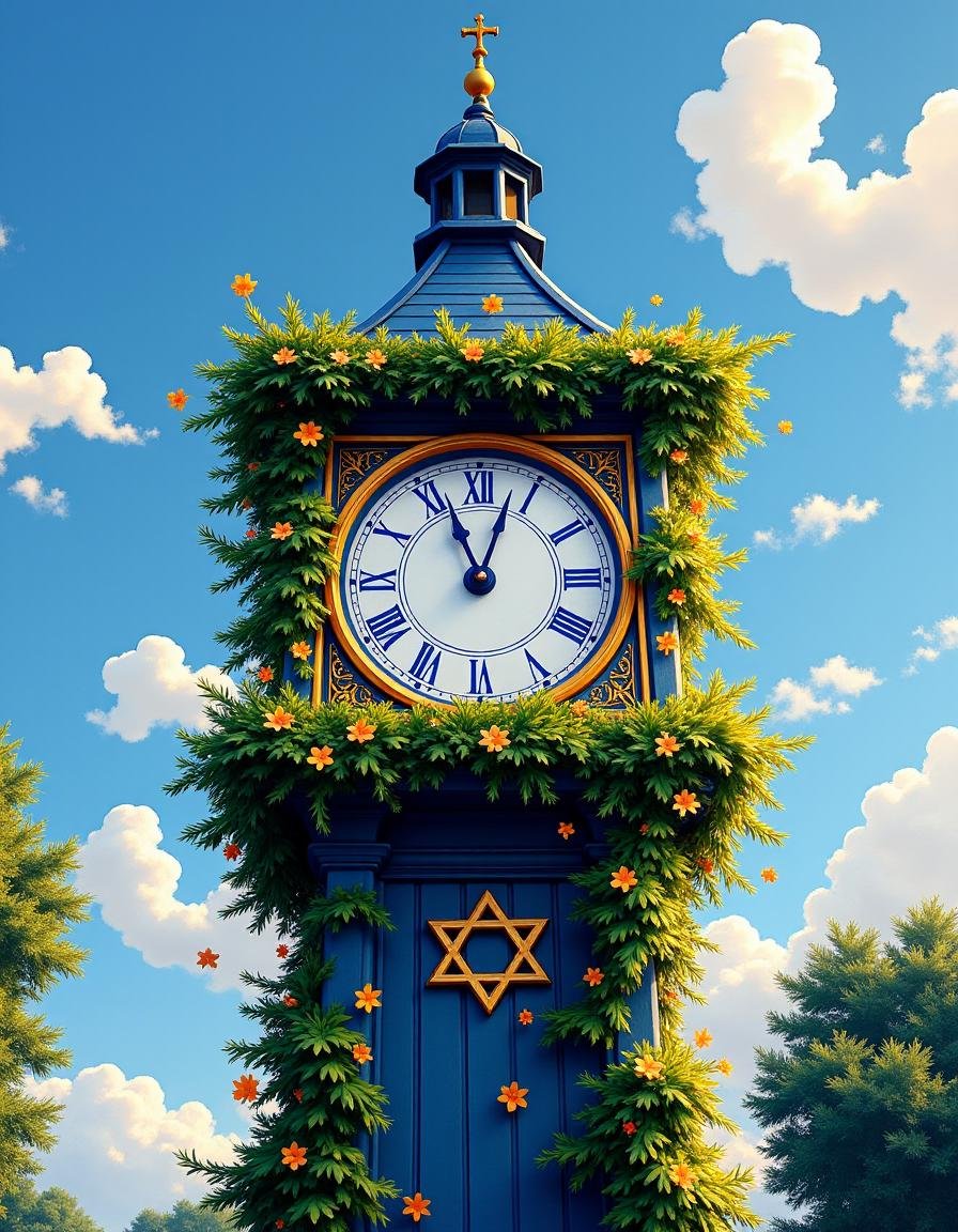 hanukkahcolors,  clock tower with vines and flowers growing on it by TrafficMeany on Tensor.Art