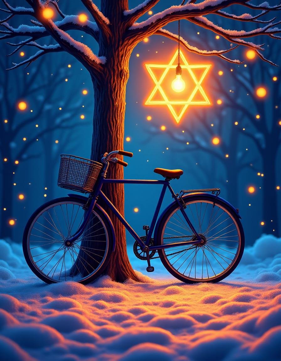 hanukkahcolors,  bicycle leaning against a tree by TrafficMeany on Tensor.Art