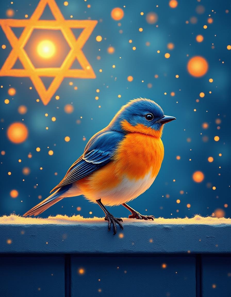 hanukkahcolors,  bird perched on a fence by TrafficMeany on Tensor.Art