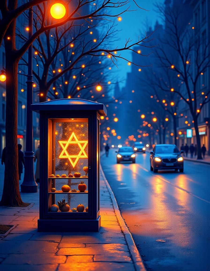 hanukkahcolors,  bus stop on a busy street by TrafficMeany on Tensor.Art