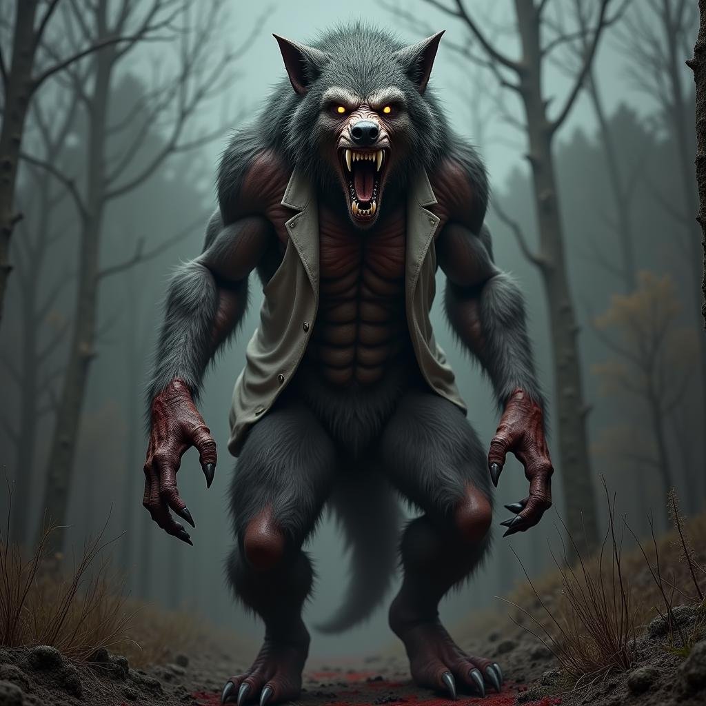 hyper realistic terrifying masterpiece werewolf ((dressed like a doctor covered in blood)) photo ,  werewolf standing in a...