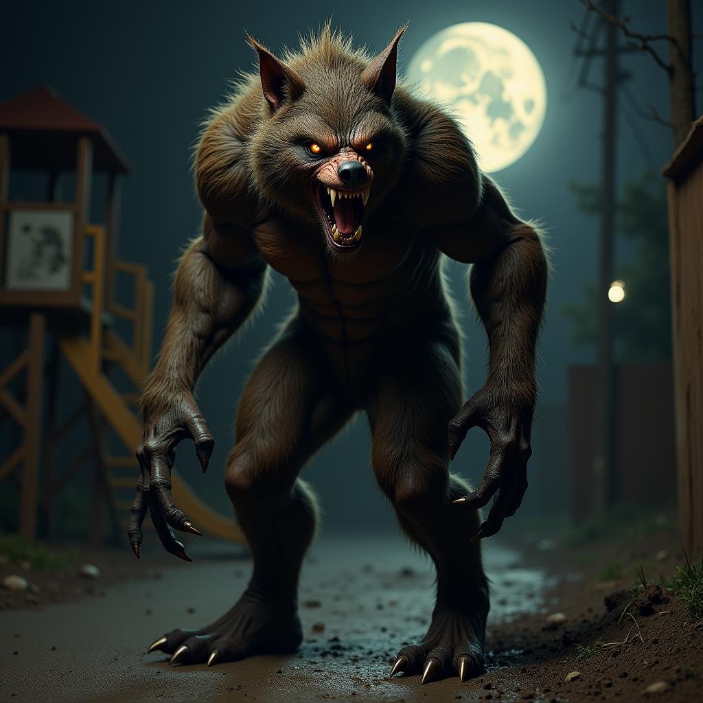 terrifying masterpiece werewolf photo ,  werewolf standing in a realistic suburban playground at night time,  dim light fr...