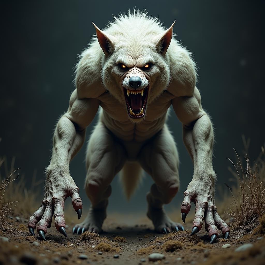 hyper realistic terrifying masterpiece werewolf photo ,  werewolf standing in a desolate field clearing,  dim light by Tra...