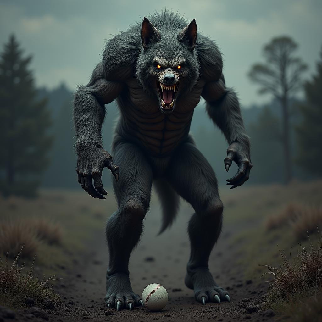 hyper realistic terrifying masterpiece werewolf (baseball player) photo ,  werewolf standing in a desolate field clearing,...