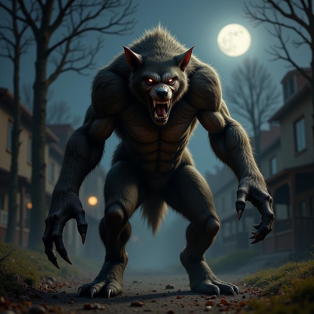 terrifying masterpiece werewolf photo ,  werewolf standing in a realistic suburban playground at night time,  dim light fr...