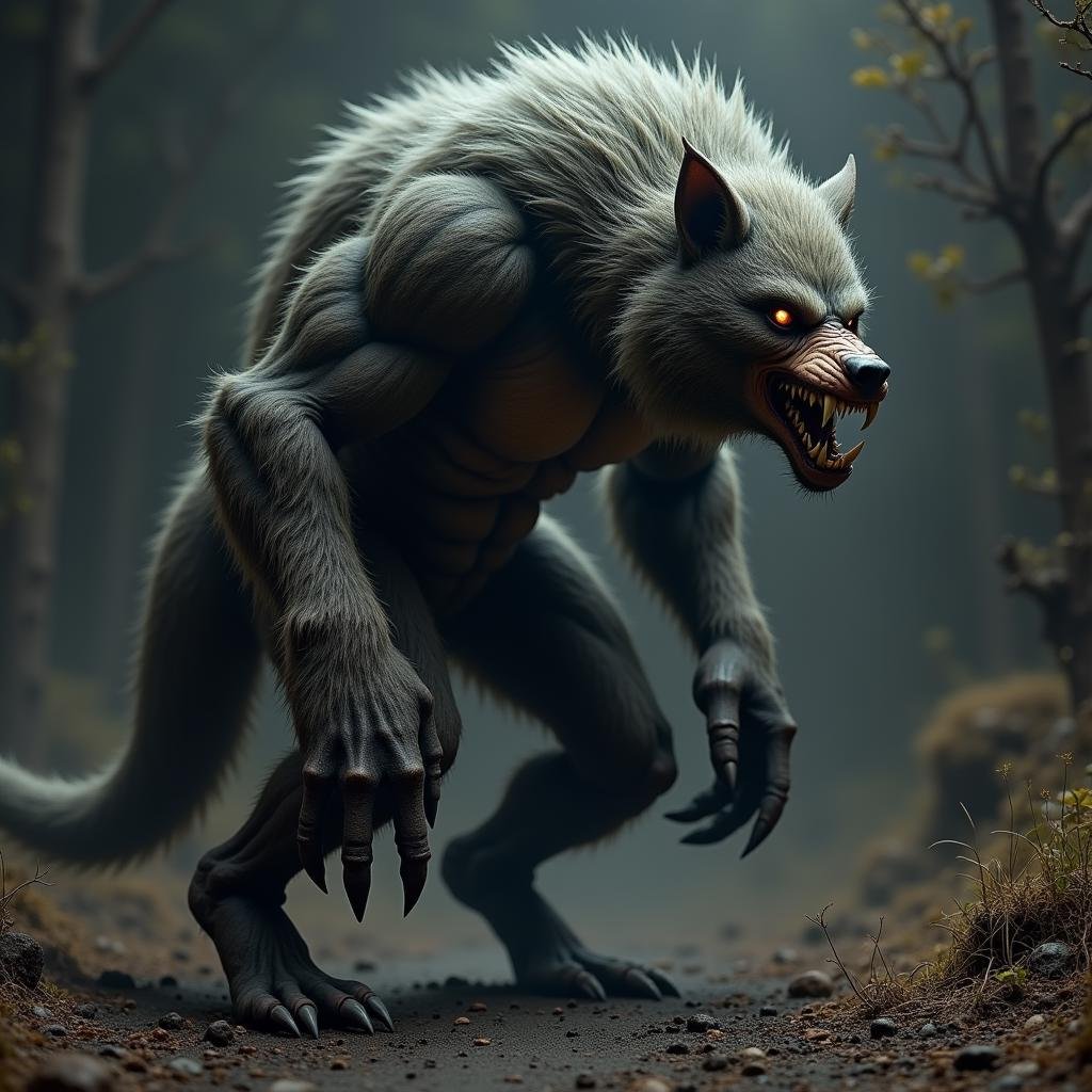 hyper realistic terrifying masterpiece werewolf photo ,  werewolf standing in a desolate field clearing,  dim light by Tra...