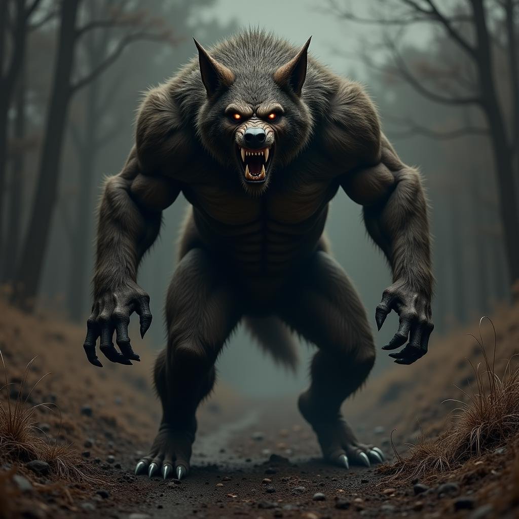 hyper realistic terrifying masterpiece werewolf photo ,  werewolf standing in a desolate field clearing,  dim light by Tra...
