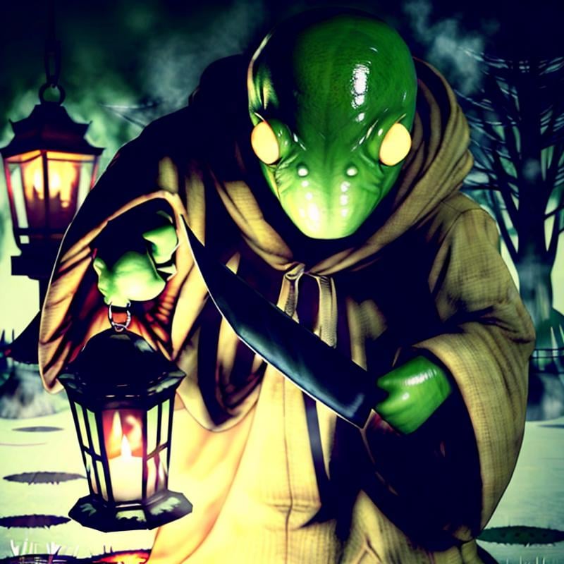 hyperealistic photo of tonberry ((horror villian)),  holding knife and lantern,  eerie by TrafficMeany on Tensor.Art