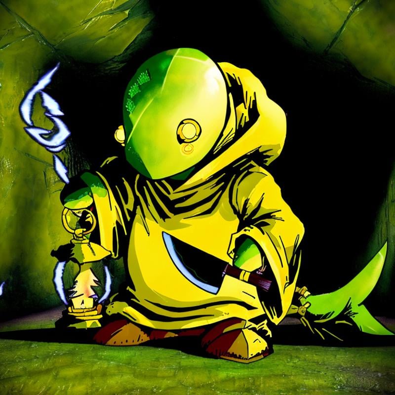 ((tonberry,  holding knife and lantern)),  in a scary cavern by TrafficMeany on Tensor.Art