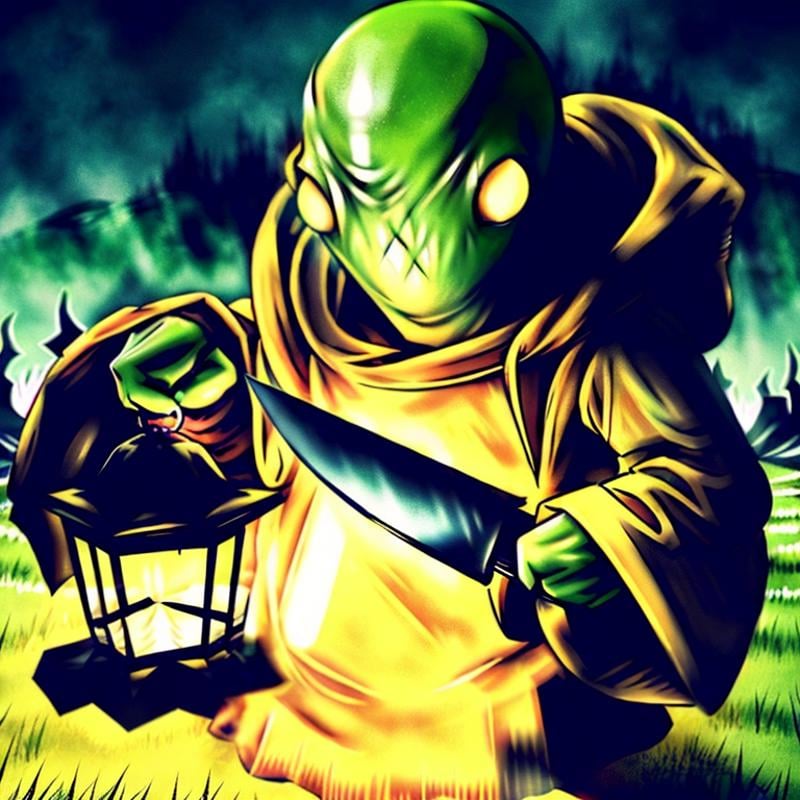 hyperealistic photo of tonberry ((horror villian)),  holding knife and lantern,  eerie by TrafficMeany on Tensor.Art