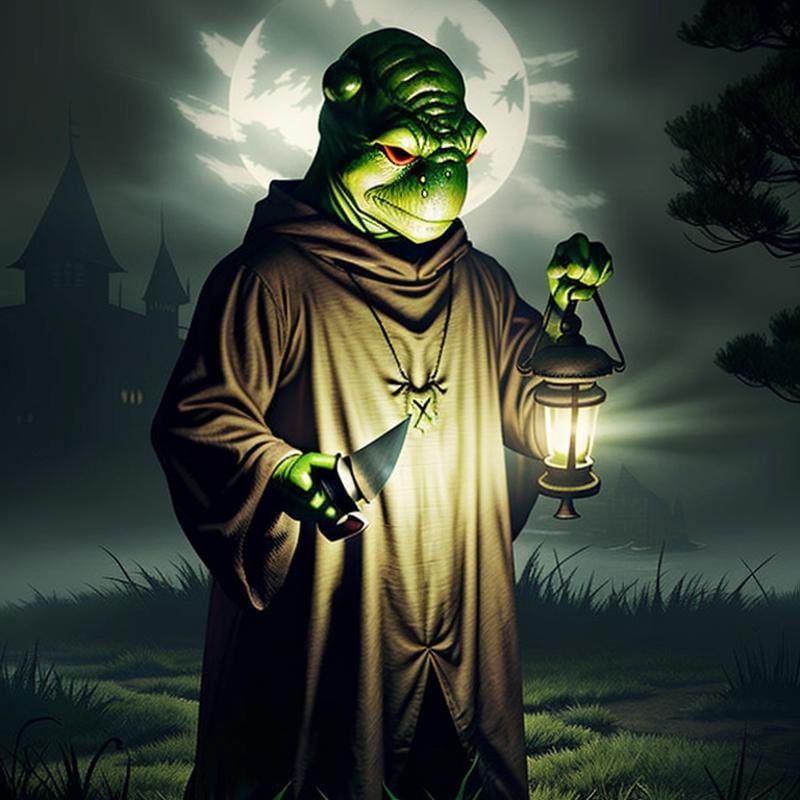 hyperealistic photo of tonberry,  holding knife and lantern,  eerie by TrafficMeany on Tensor.Art