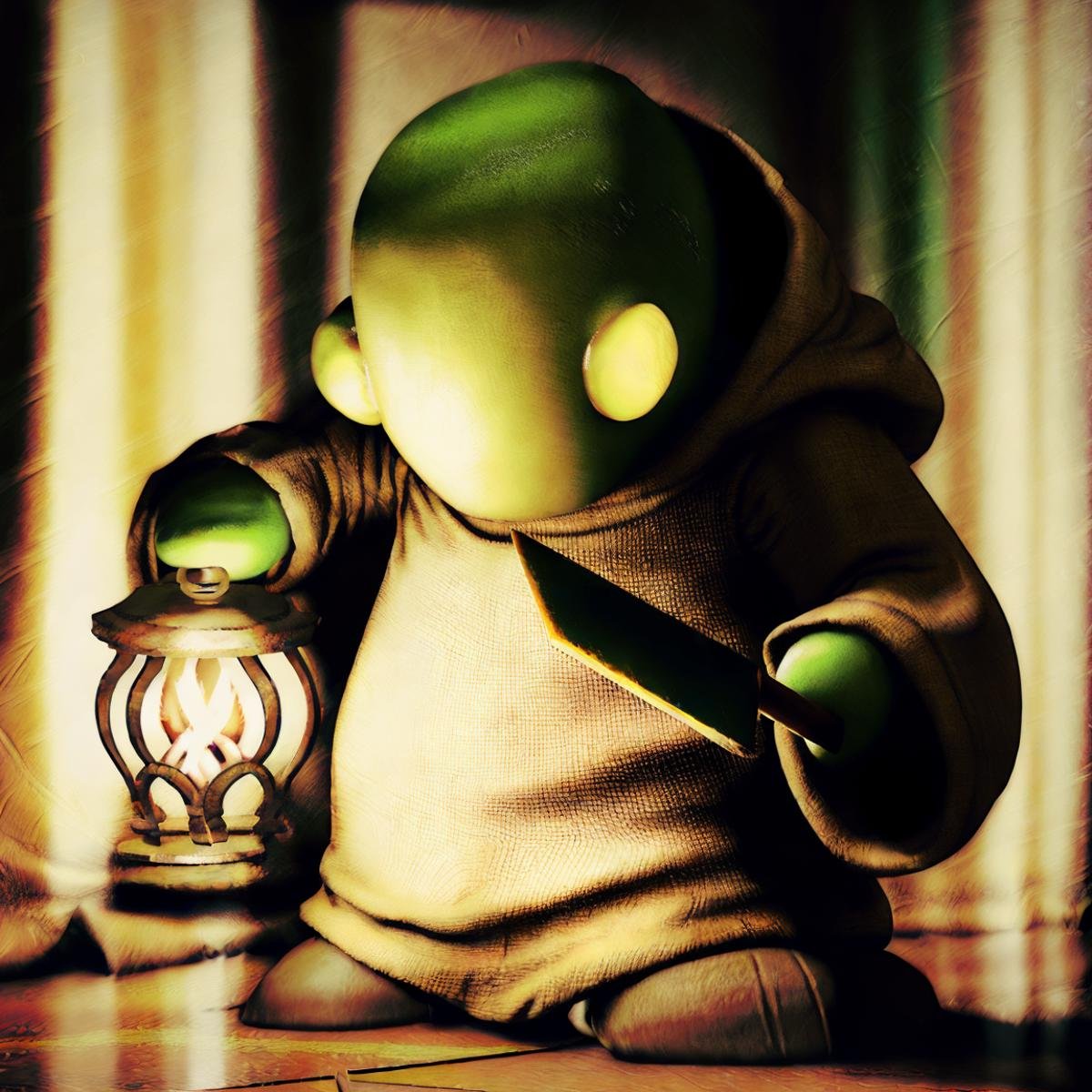 hyperealistic photo of tonberry ((in a tavern)),  holding knife and lantern by TrafficMeany on Tensor.Art