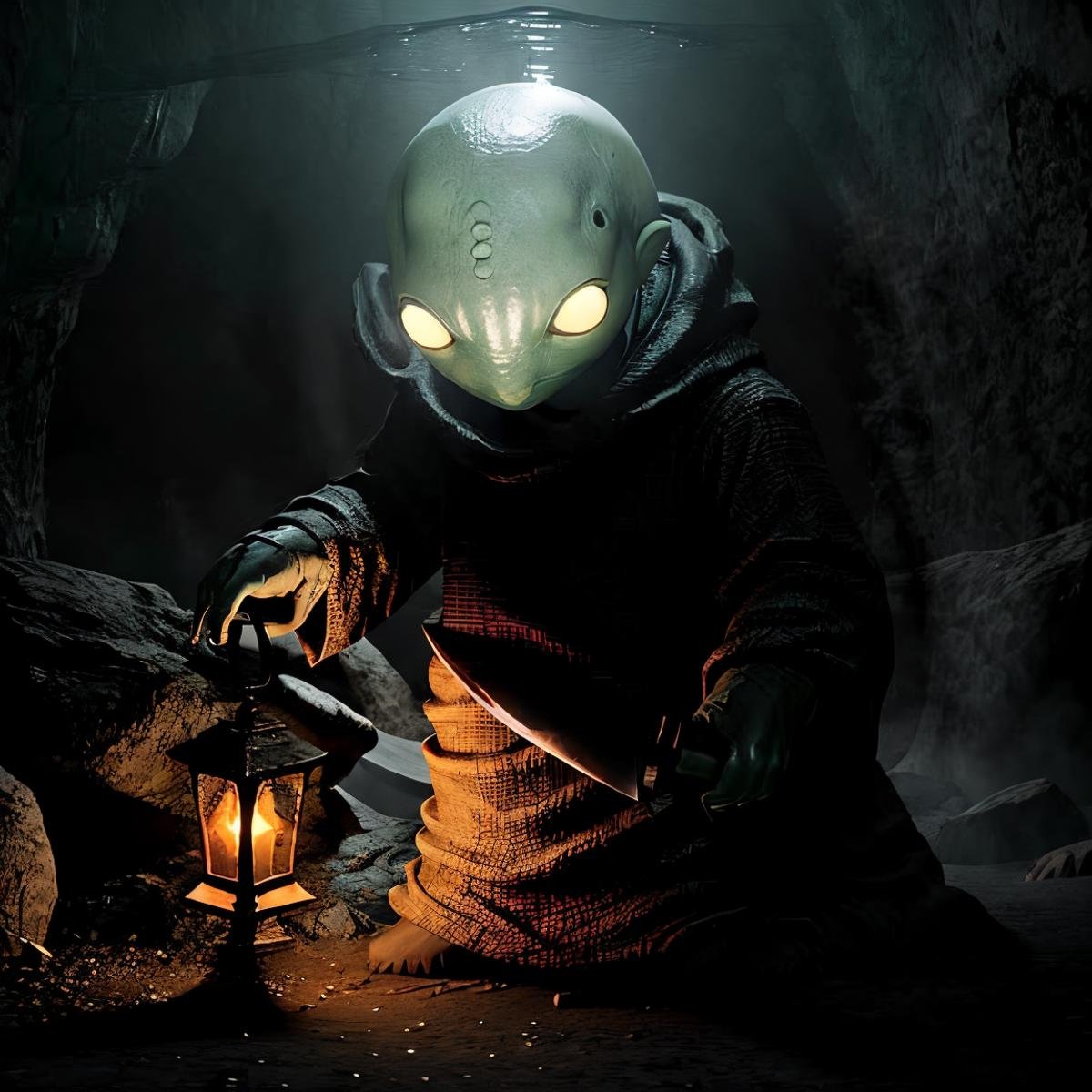masterpiece eerie fantasy photo of tonberry,  showcasing deadly dagger knife in a cave,  eerie shadows by TrafficMeany on...
