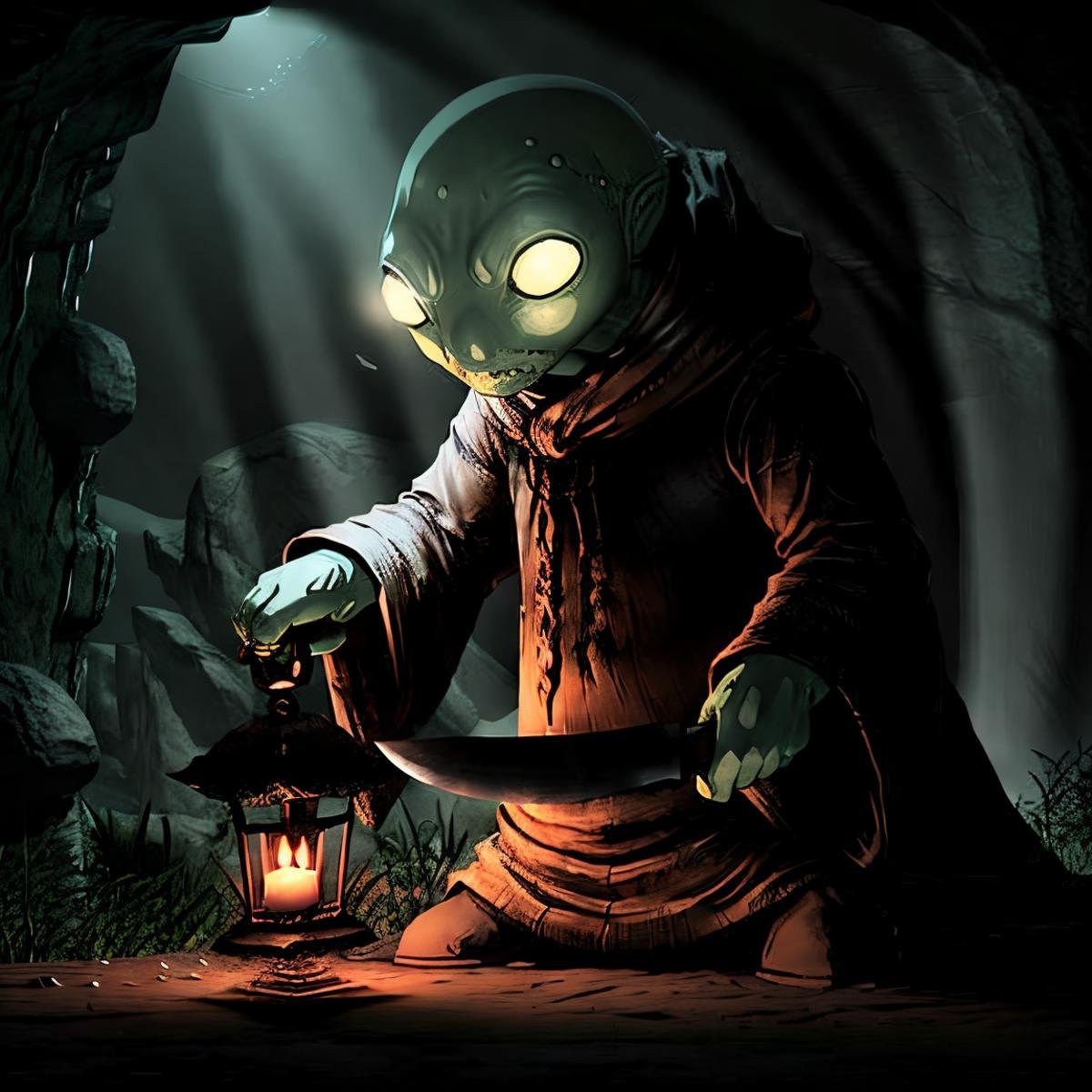 masterpiece eerie fantasy photo of tonberry,  showcasing deadly dagger knife in a cave,  eerie shadows by TrafficMeany on...
