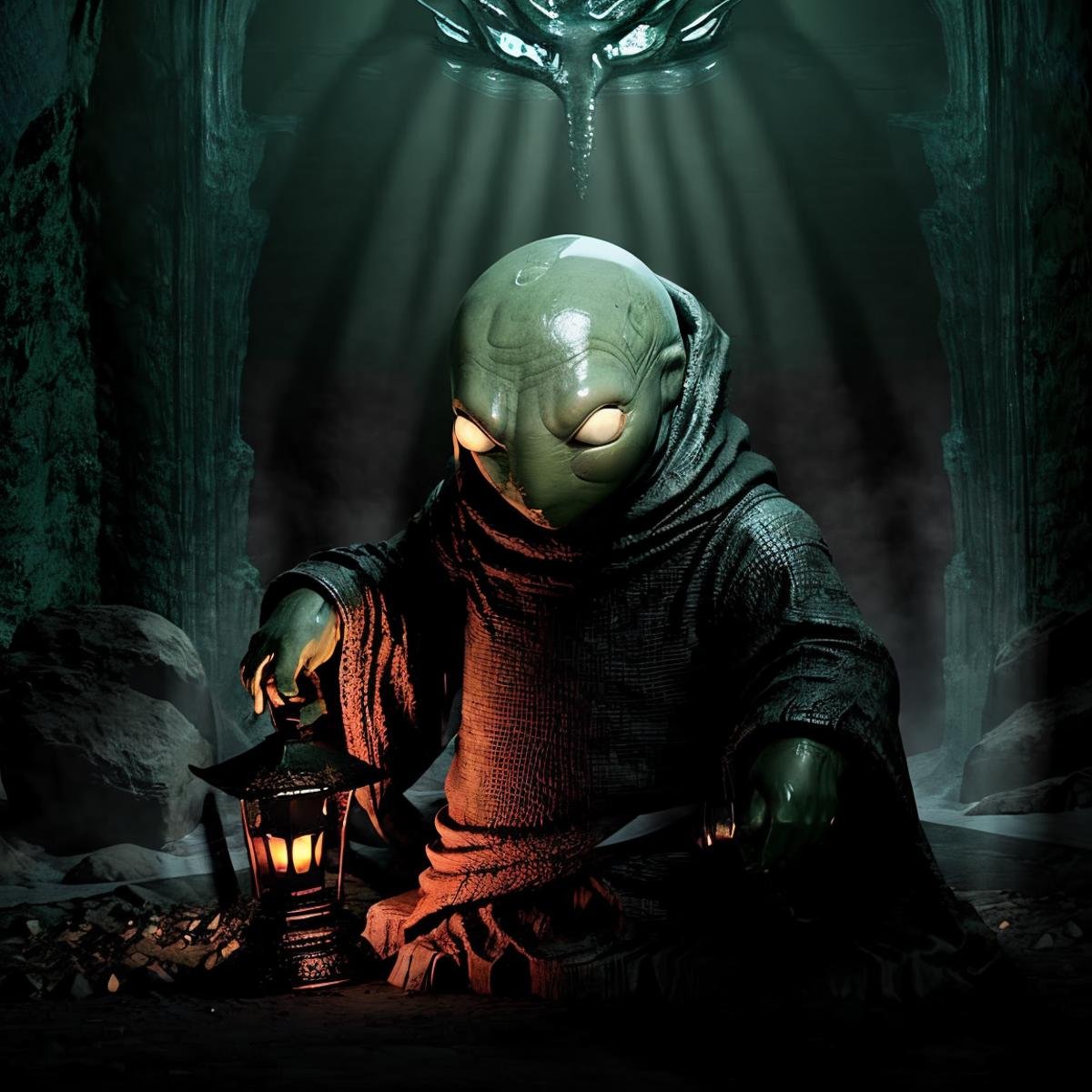 masterpiece eerie fantasy photo of tonberry,  showcasing deadly dagger knife in a cave,  eerie shadows by TrafficMeany on...