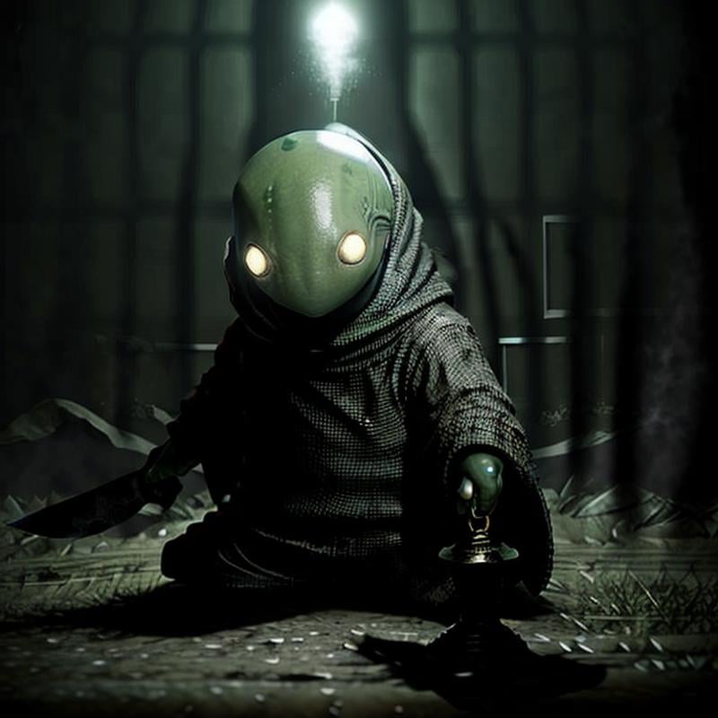 masterpiece dark fantasy photo of tonberry,  ((holding (knife) and lantern),  in a underground bunker by TrafficMeany on T...