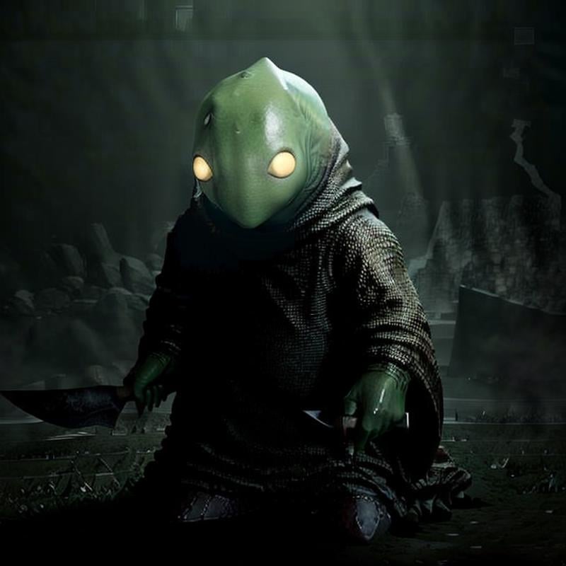 masterpiece dark fantasy photo of tonberry,  ((holding (knife) and lantern),  in a underground bunker by TrafficMeany on T...