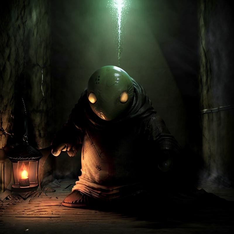 masterpiece dark fantasy photo of tonberry,  ((holding (knife) and lantern),  in a underground bunker by TrafficMeany on T...