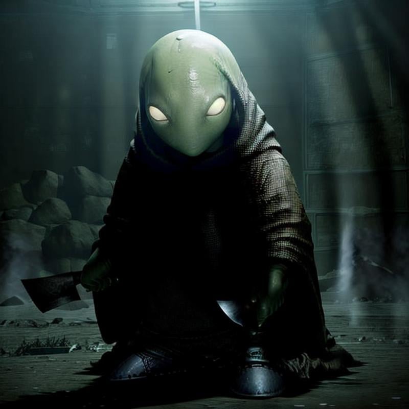 masterpiece dark fantasy photo of tonberry,  ((holding (knife) and lantern),  in a underground bunker by TrafficMeany on T...
