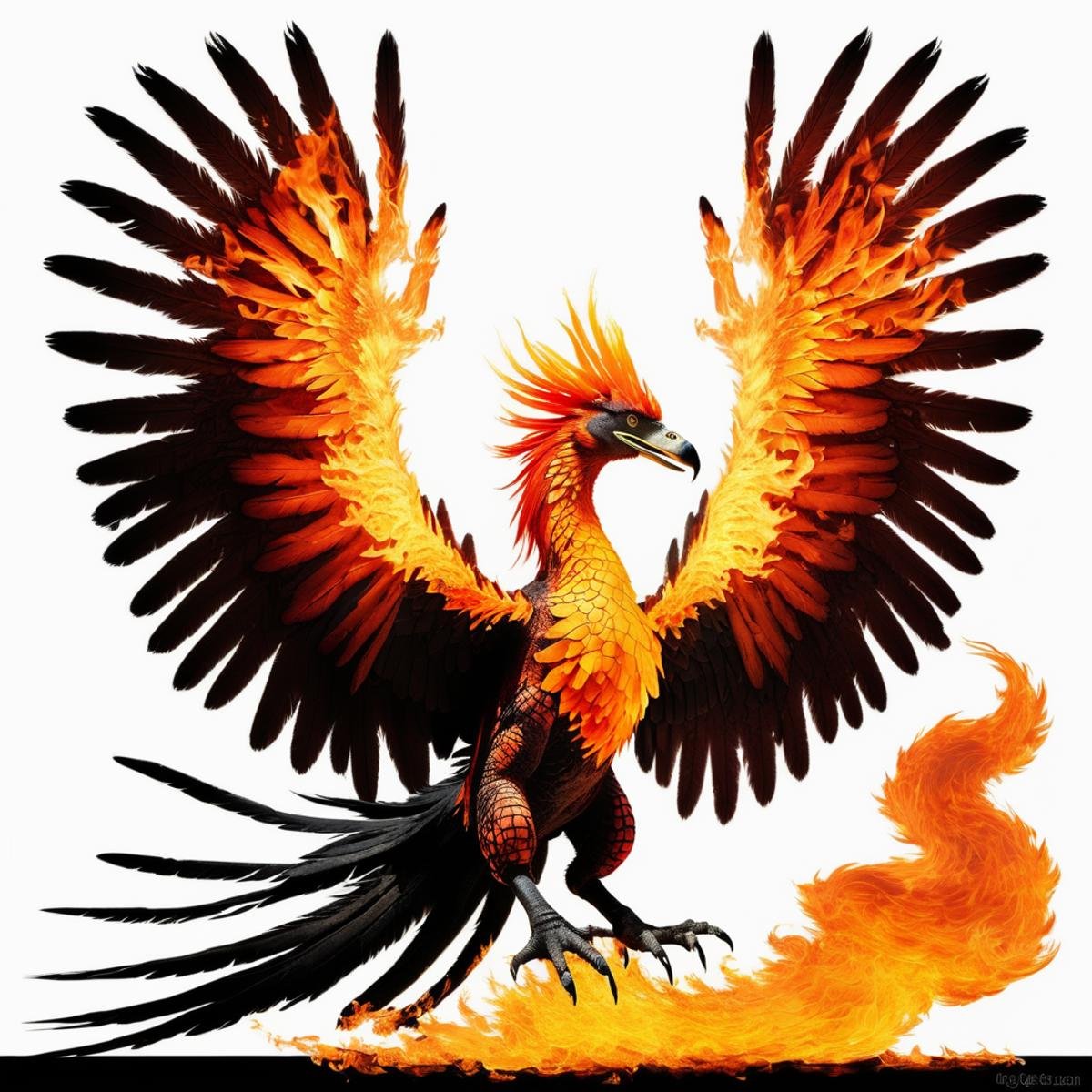 (half crocodile) half flaming phoenix,  hybrid animal,  flaming wings by TrafficMeany on Tensor.Art