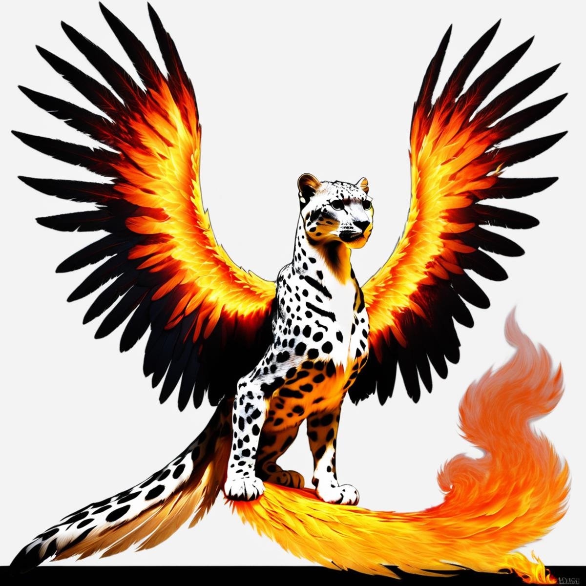 (half snow leopard) half flaming phoenix,  hybrid animal,  flaming wings by TrafficMeany on Tensor.Art