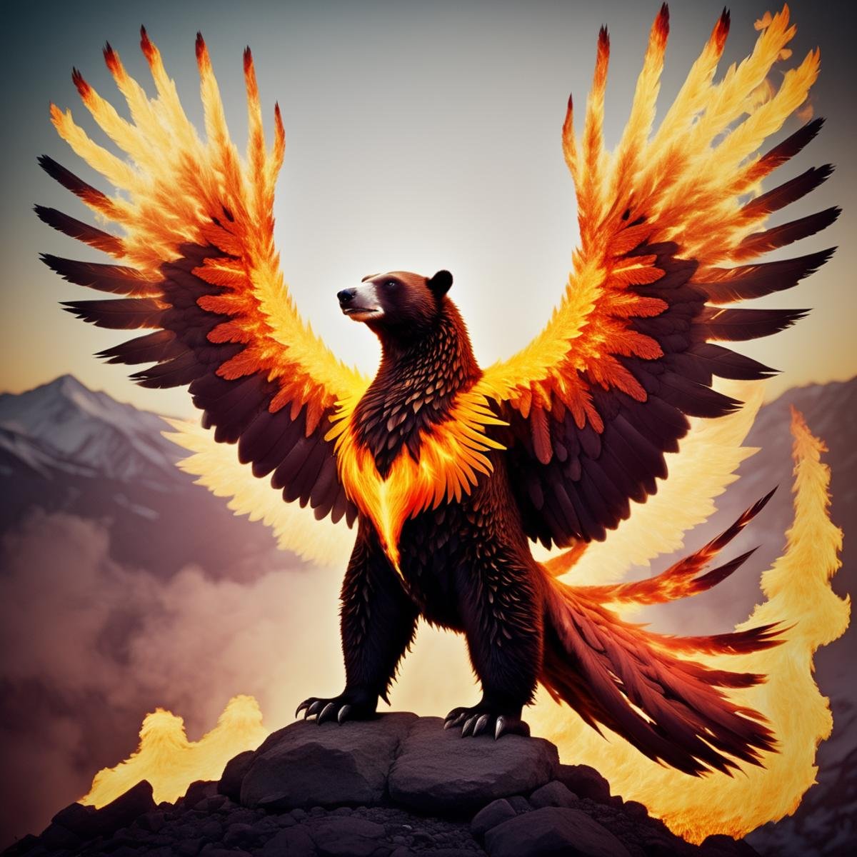 (half polar bear) half flaming phoenix,  hybrid animal,  flaming wings by TrafficMeany on Tensor.Art