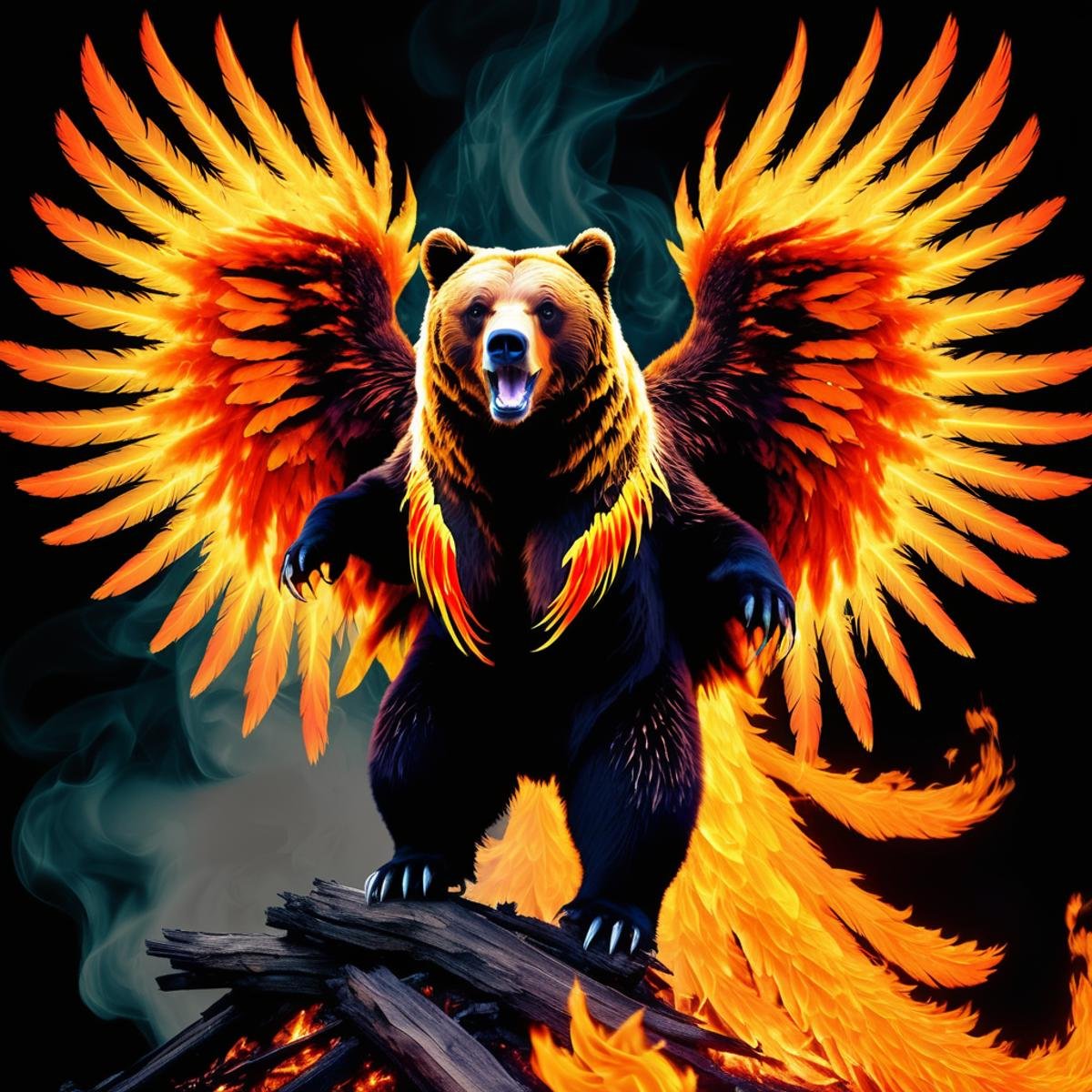 (half grizzly bear) half flaming phoenix,  terrifying glowing eyes,  flaming wings by TrafficMeany on Tensor.Art