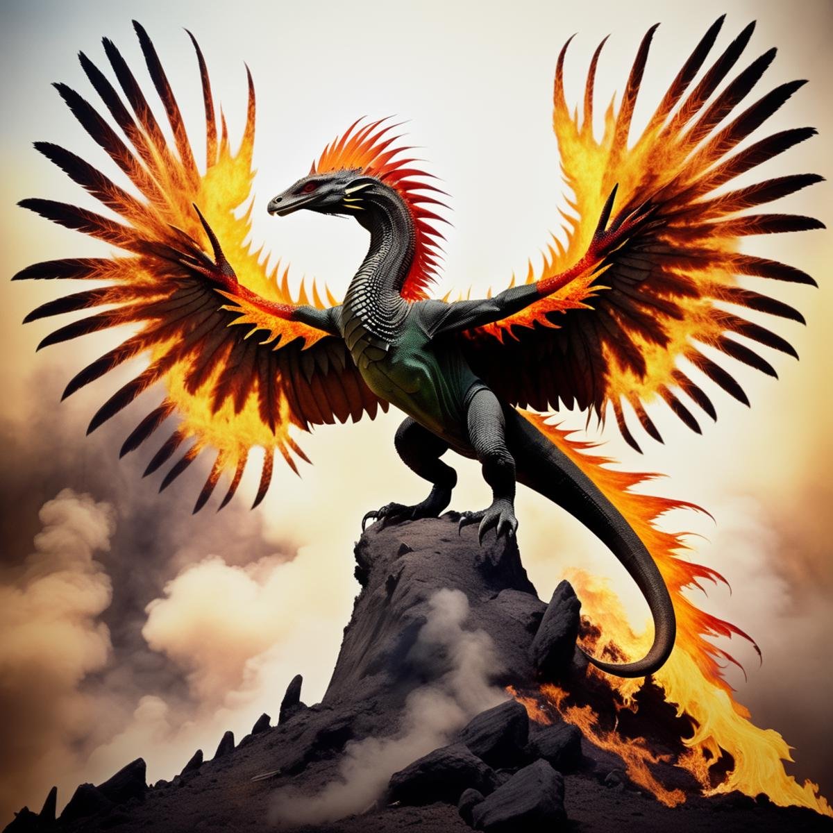 (half Komodo dragon) half flaming phoenix,  hybrid animal,  flaming wings by TrafficMeany on Tensor.Art