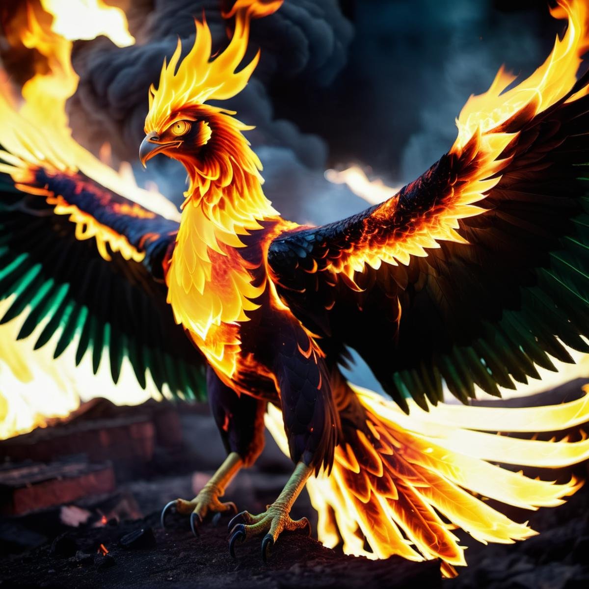 (half green) half immolation phoenix,  terrifying glowing eyes,  immolation wings by TrafficMeany on Tensor.Art
