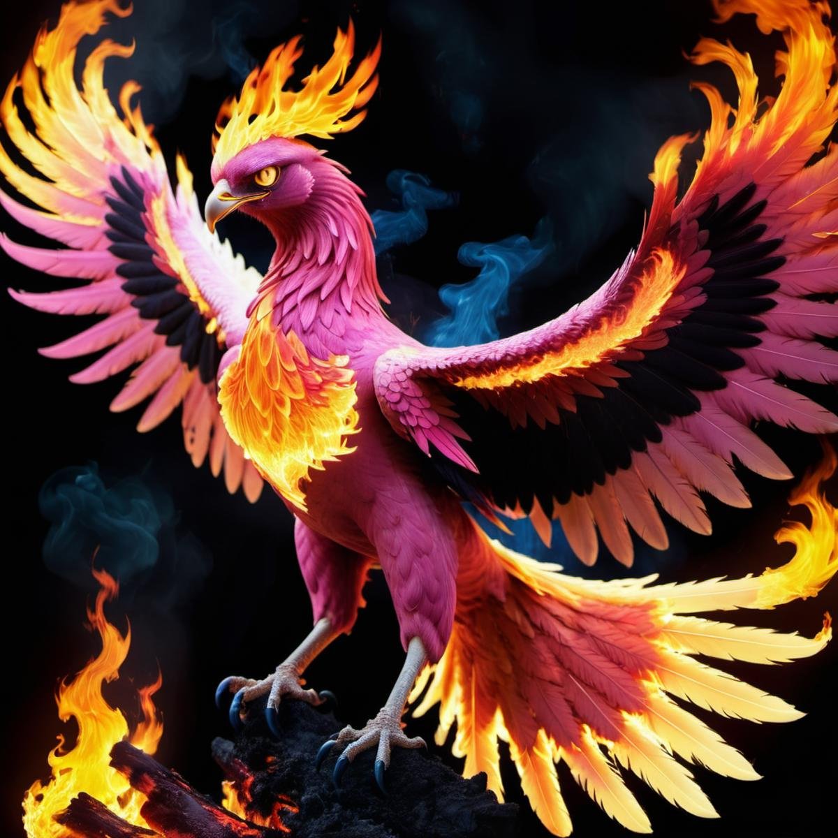 (half pink) half flaming phoenix,  terrifying glowing eyes,  flaming wings by TrafficMeany on Tensor.Art