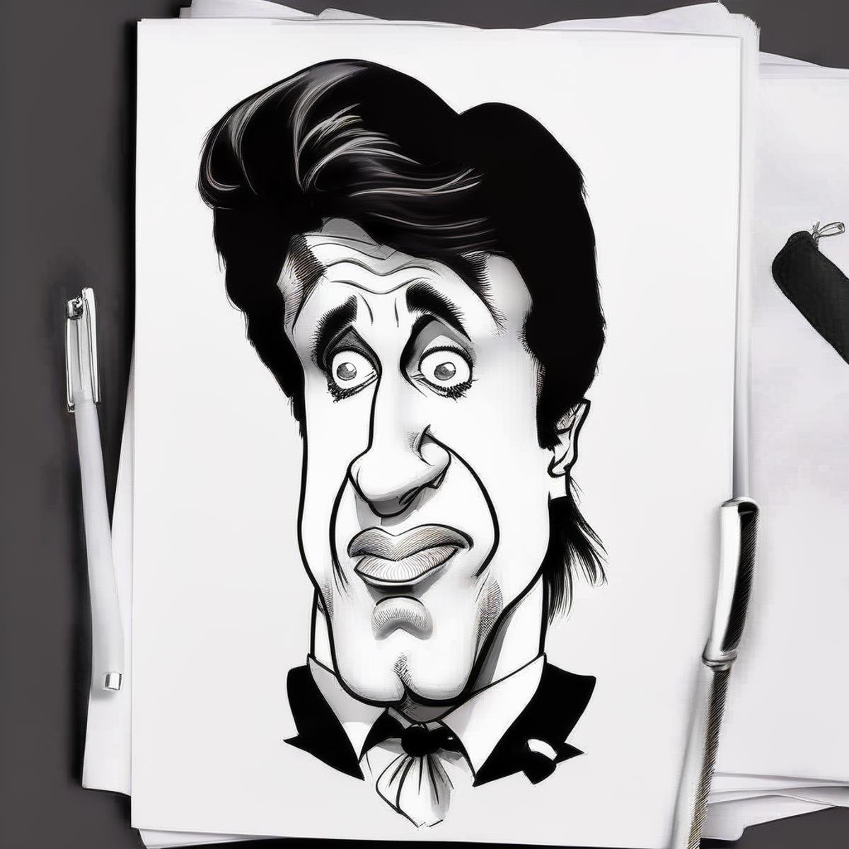 Caricatures style drawing of Sylvester Stallone,  ((on paper)),  bowtie by TrafficMeany on Tensor.Art