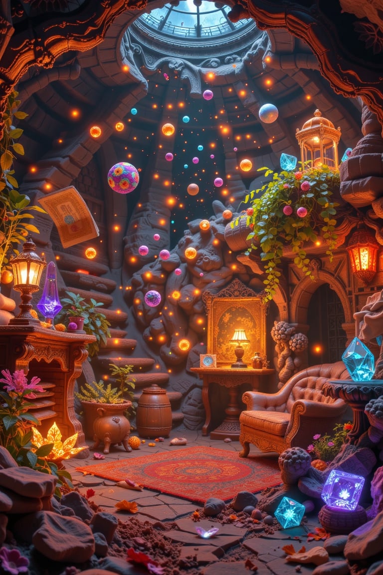 A warm,  cozy interior with quantum particles dancing in a fantasy setting. Soft,  glowing lights illuminate the scene by...