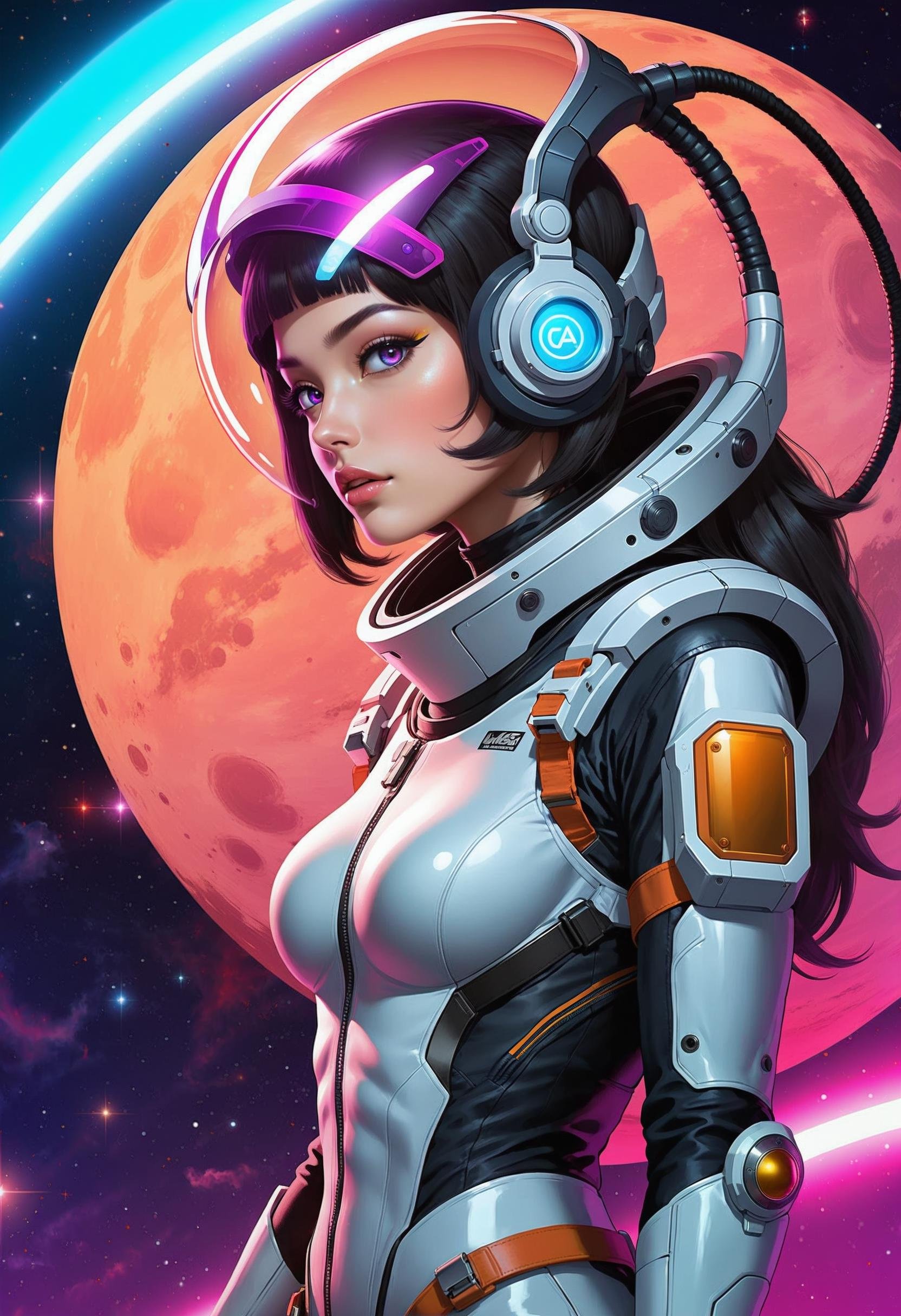 Full-body pinup poster of a female astronaut inspired by Nuka Girl in a vibrant,  futuristic space setting,  anime style i...
