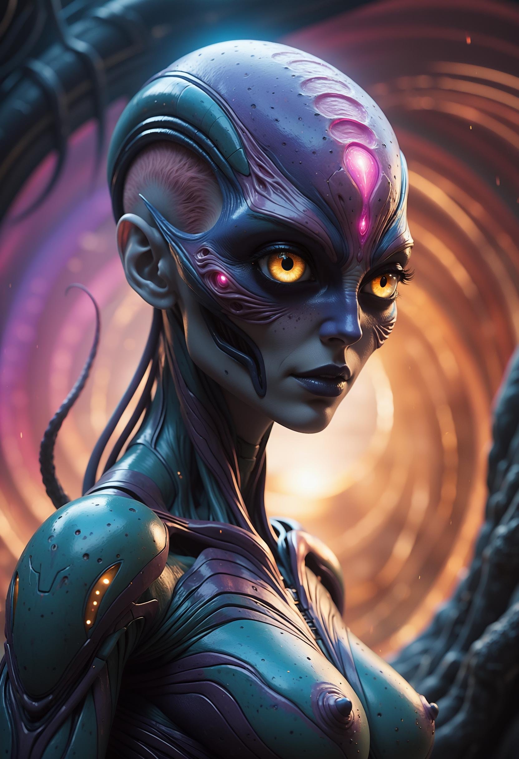 Stunning alien in a stasis pod surrounded by vortexes of energy (singularities),  ,  (masterpiece) by haiti5 on Tensor.Art