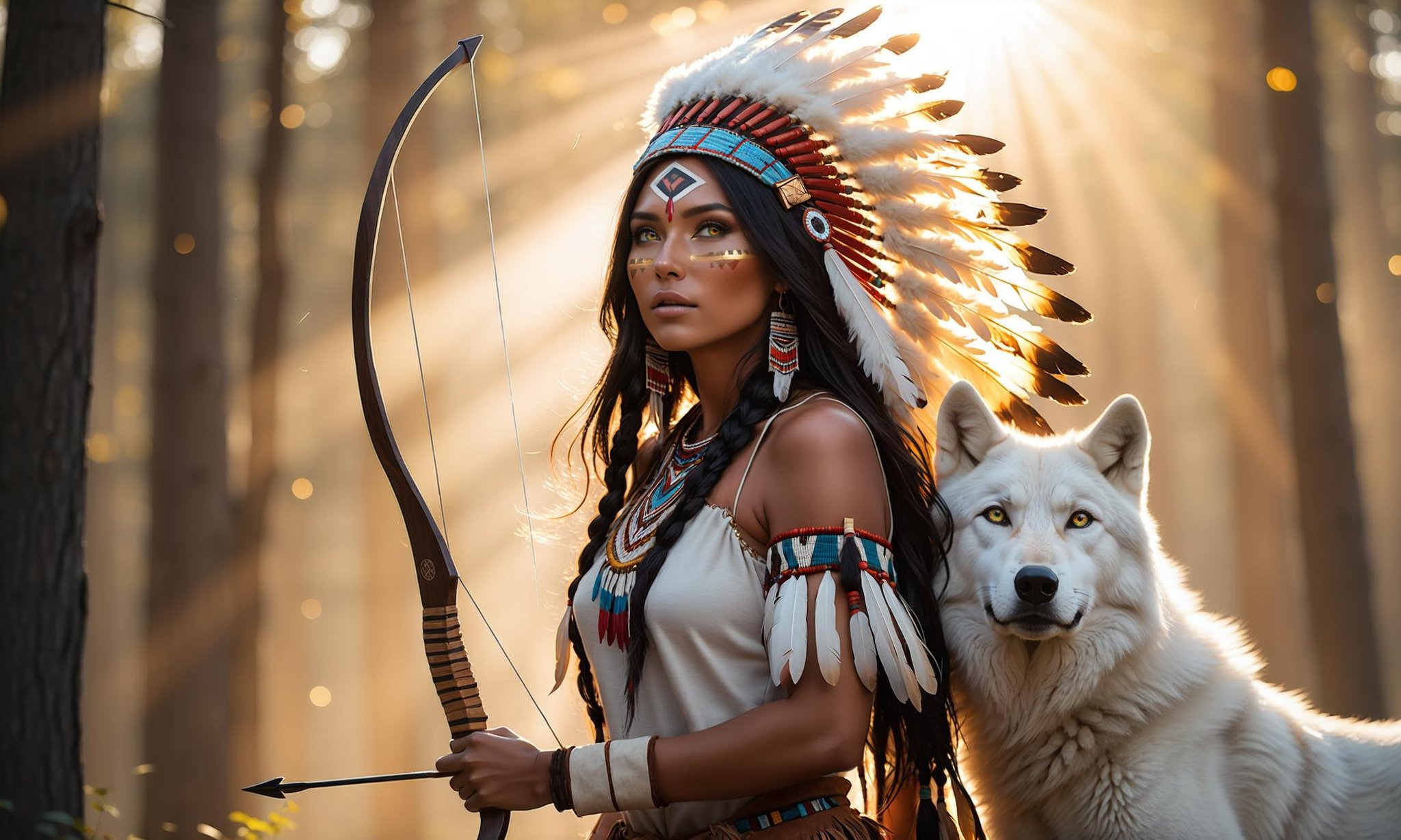Award-winning,  dramatic full-body portrait of a striking Native American woman in a powerful,  symbolic pose. She has cap...