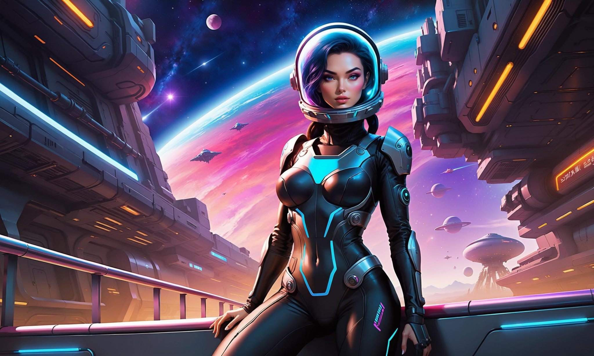 Full-body pinup poster of a female astronaut inspired by Nuka Girl in a vibrant,  futuristic space setting,  anime style i...