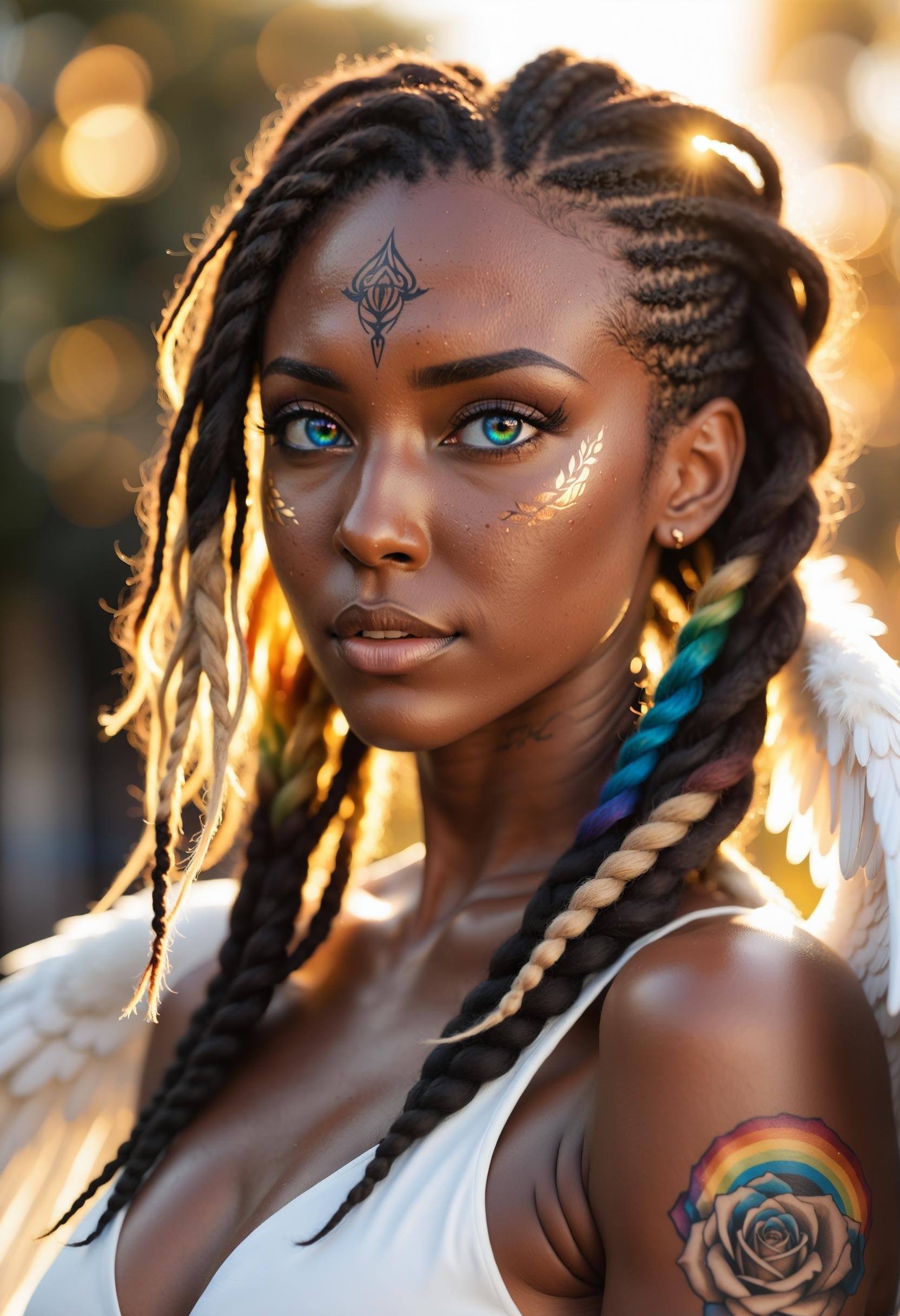 Photorealistic portrait of a beautiful woman with mocha-toned skin,  one light hazel and one blue eye,  detailed face with...