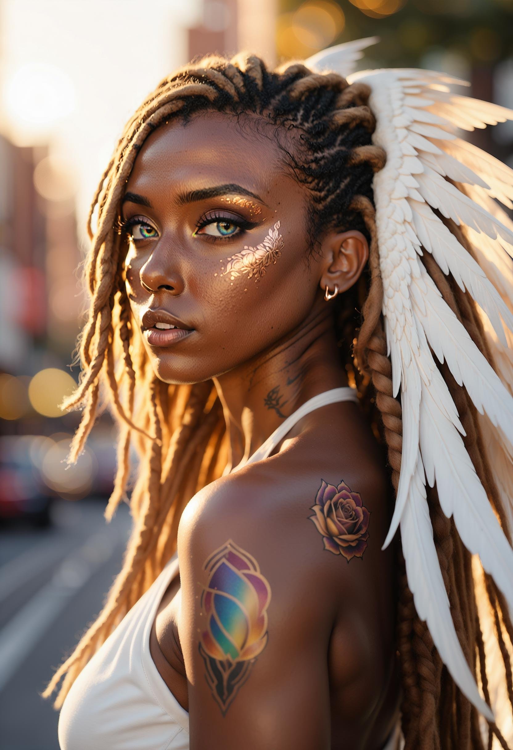 Photorealistic portrait of a beautiful woman with mocha-toned skin,  one light hazel and one blue eye,  detailed face with...