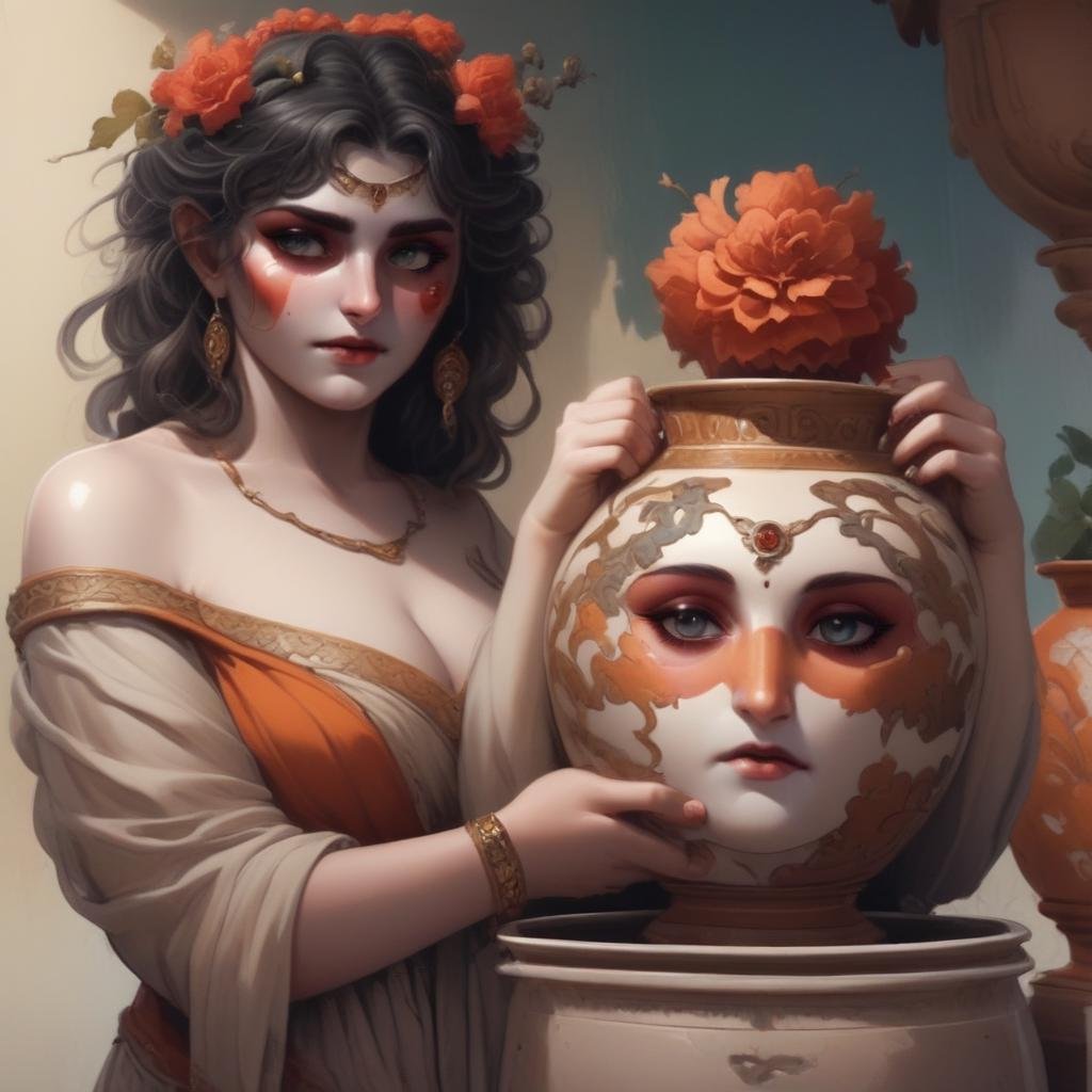 1girl,  woman holding vase,  vase with face by user_819357688789016250 on Tensor.Art