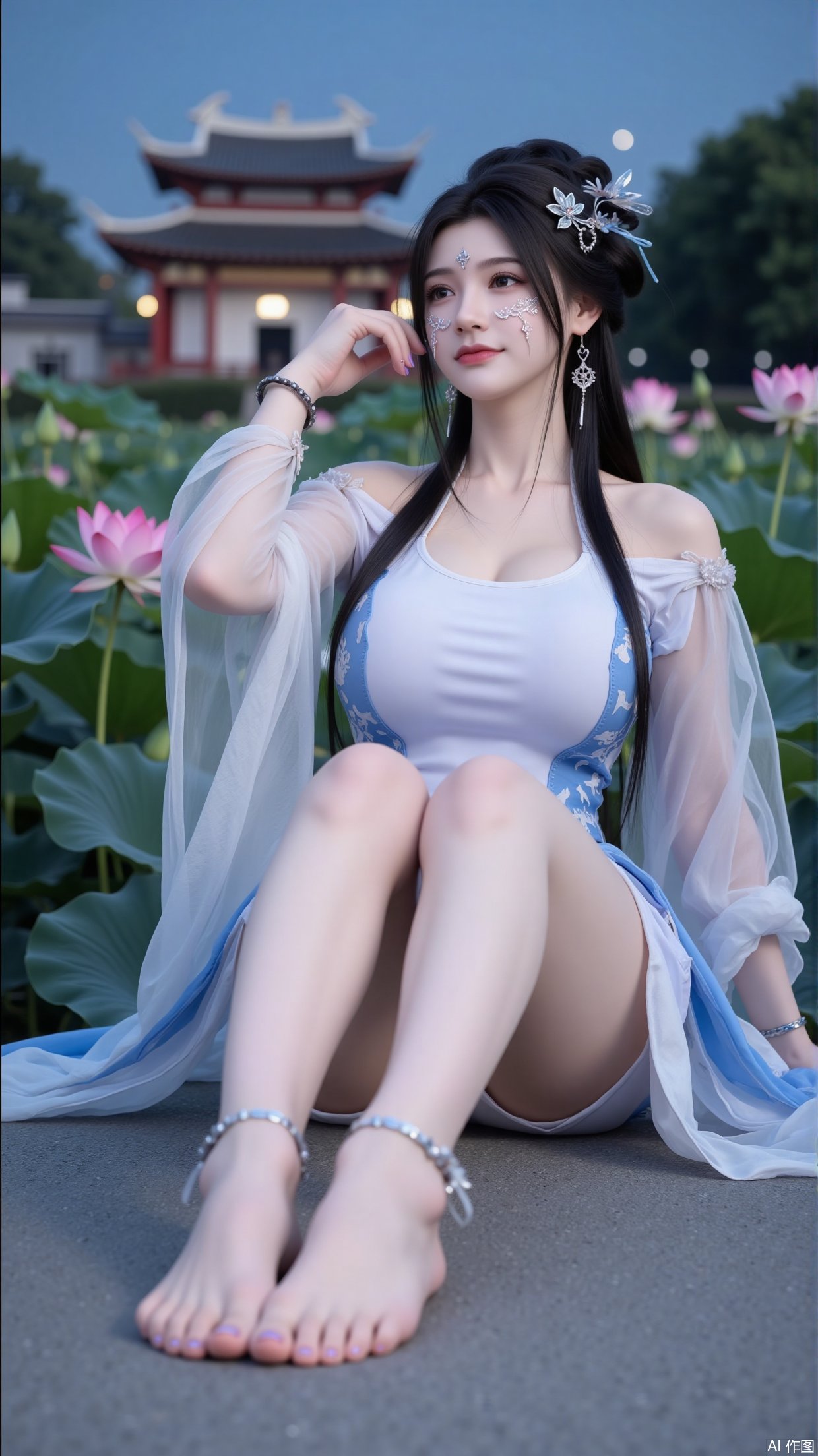 A beauty,  wearing blue and white Hanfu,  long black hair by DeepBlue藍心 on Tensor.Art