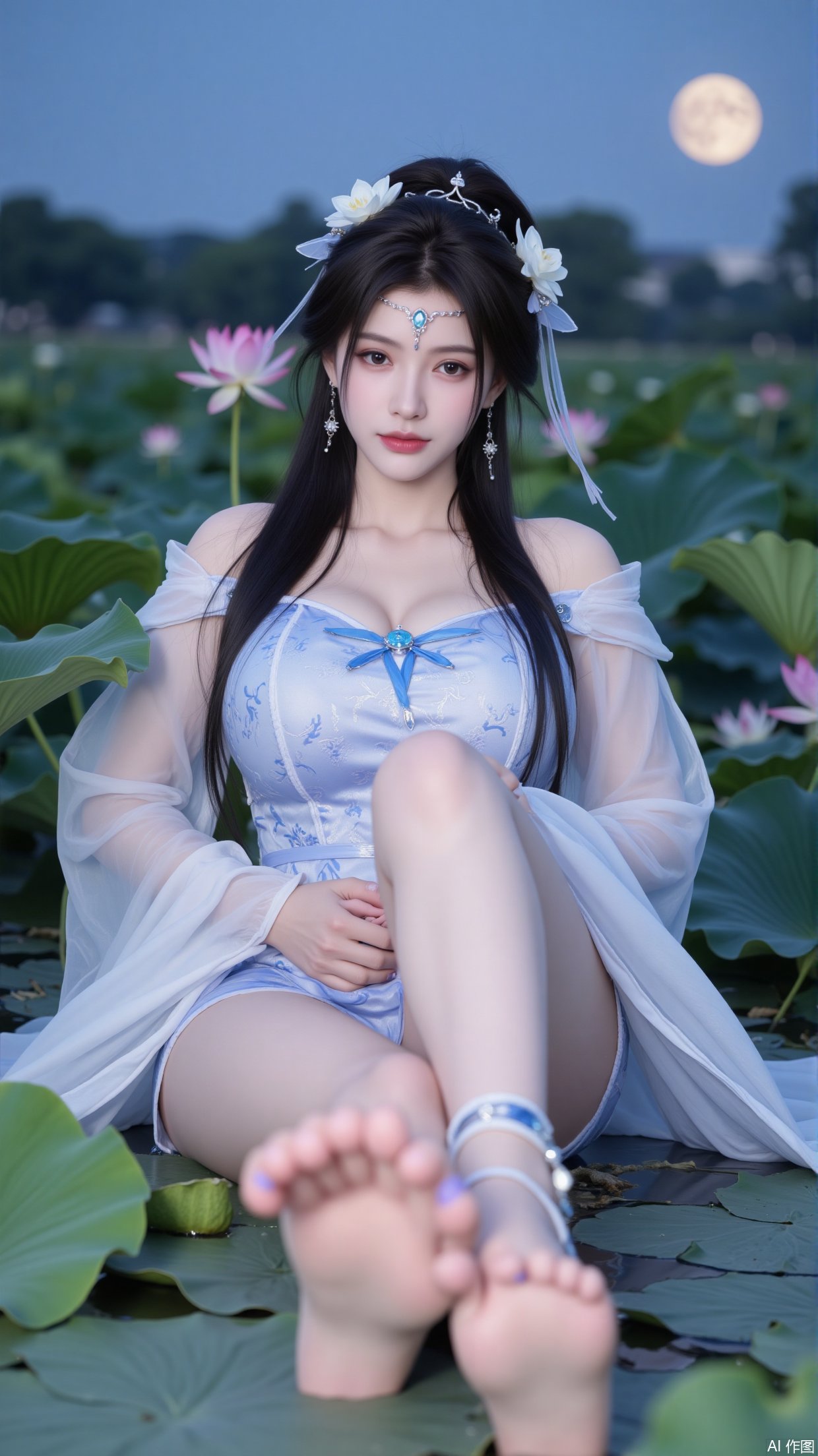 A beauty,  wearing blue and white Hanfu,  long black hair by DeepBlue藍心 on Tensor.Art