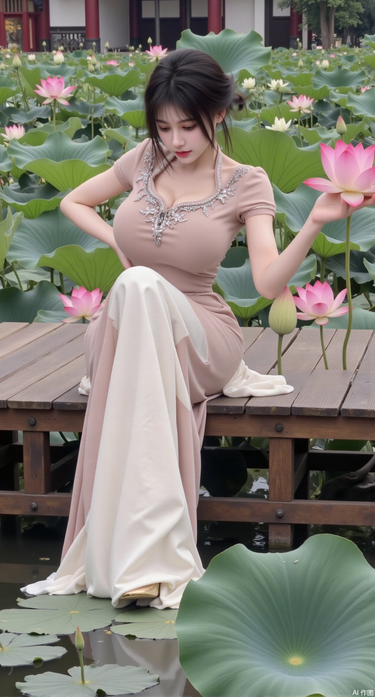 best quality,  The image is a digital illustration of a young woman sitting on a wooden bench in a pond with lily pads. Sh...