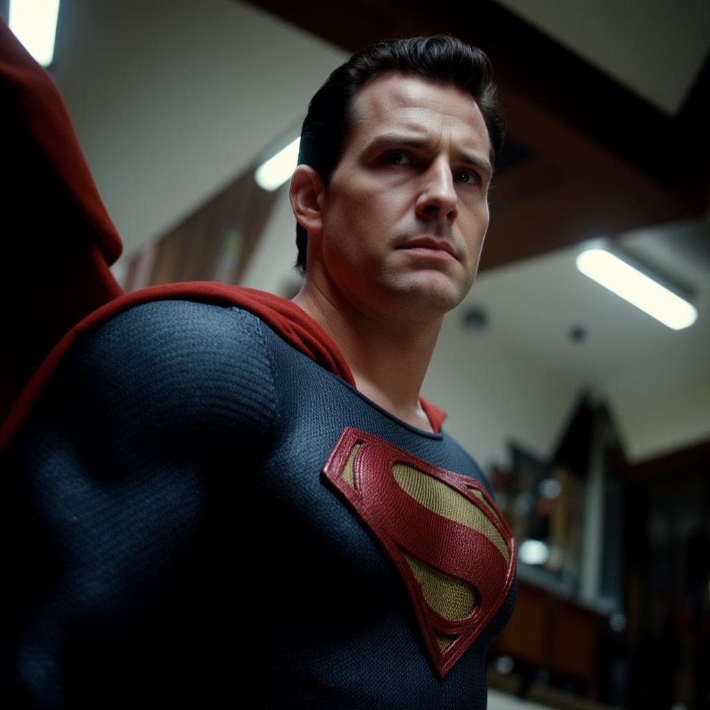cinematic film still of rotated angle view of a superman looking at camera,  shallow depth of field,  vignette by EauDeNoi...