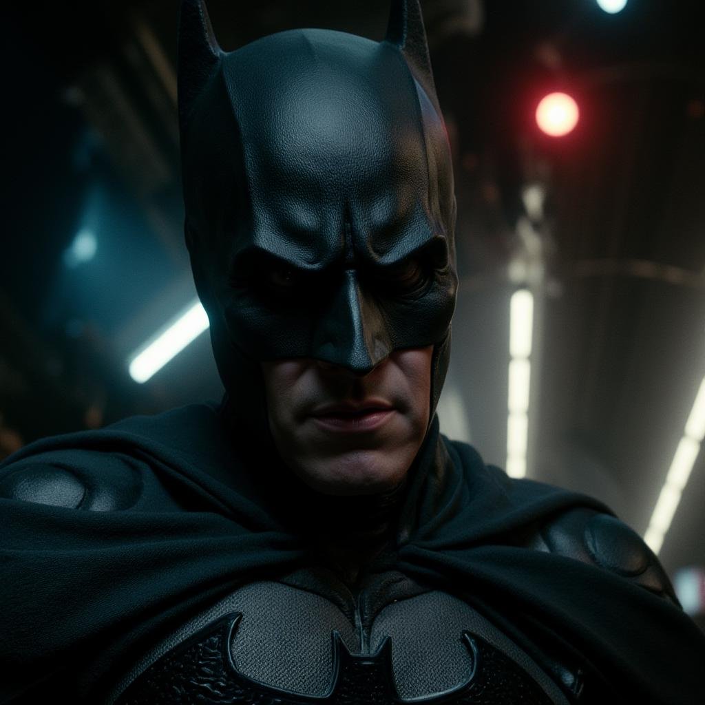 cinematic film still of rotated angle view of a batman:0.9 looking at camera,  shallow depth of field,  vignette by EauDeN...